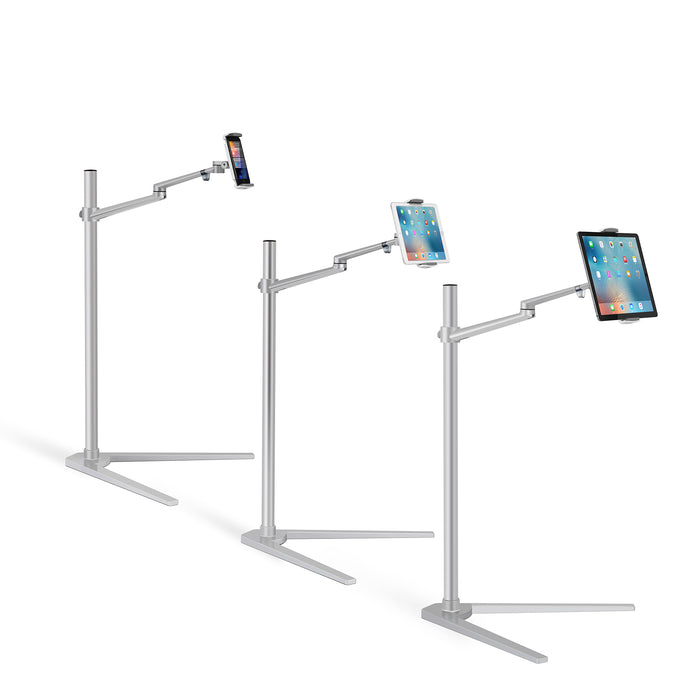 Adjustable 360° tablet floor stand, silver, compatible with iPad and iPhone. Durable design for home or office use – TaMiMi Projects, Qatar.