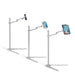Adjustable 360° tablet floor stand, silver, compatible with iPad and iPhone. Durable design for home or office use – TaMiMi Projects, Qatar.
