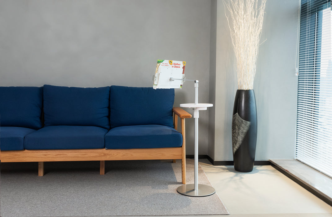 Adjustable aluminum book stand, 180° rotation, 104-148 cm height, flexible clips, 6.6 lbs capacity - TaMiMi Projects Qatar.