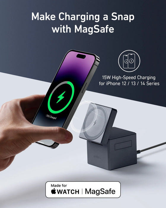 Wireless charging stand by Anker with MagSafe technology for iPhone, Apple Watch, and earphones, up to 15W power, available at TaMiMi Projects in Qatar