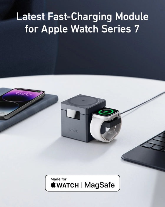 Anker MagSafe charging base for iPhone, Apple Watch, and earphones, 15W power, available at TaMiMi Projects in Qatar