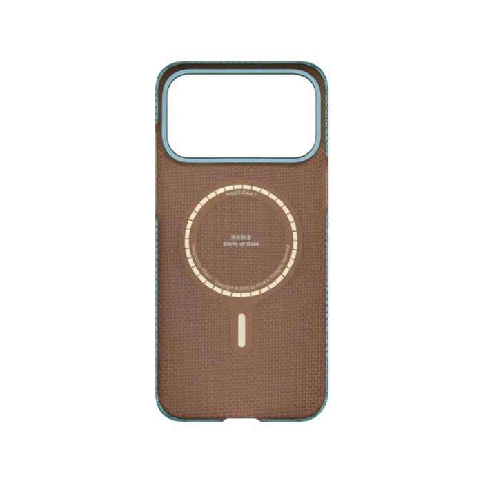 Pitaka iPhone 17 Pro Case in Golden Glint, Woven from ultra-strong aramid fiber, Available now from TaMiMi Projects in Qatar.