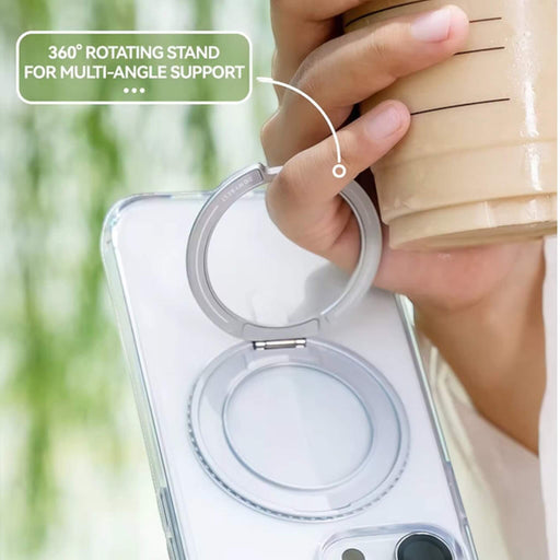 Blueo Crystal Magnetic Case for iPhone 16 series with 360° stand, metal buttons, and drop protection from TaMiMi Projects, Qatar.
