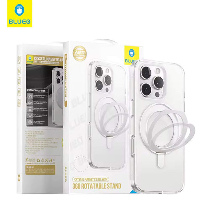 Blueo Crystal Magnetic Case for iPhone 16 series with 360° stand, metal buttons, and drop protection from TaMiMi Projects, Qatar.