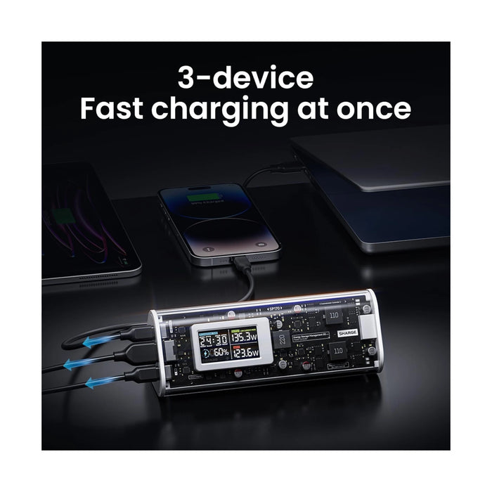 SHARGE Power Bank 24000mAh 170W - White, Charge 3 devices with two 140W USB-C and 1 USB-A port, at TaMiMi Projects.