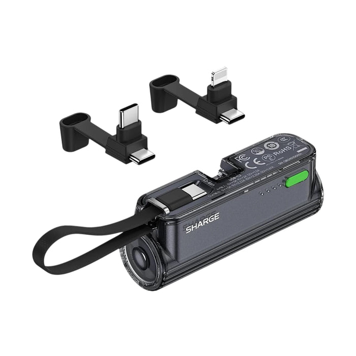 SHARGE Flow Mini Portable Charger 5000mAh with Built-in Cable - Black, Available now from TaMiMi Projects in Qatar.