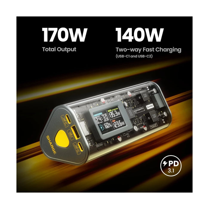 ‫احصل على شاحن SHARGE من تميمي بروجكتس في قطر. بطارية 24000mAh، شحن فائق 170W، شاشة ذكية وتصميم شفاف.