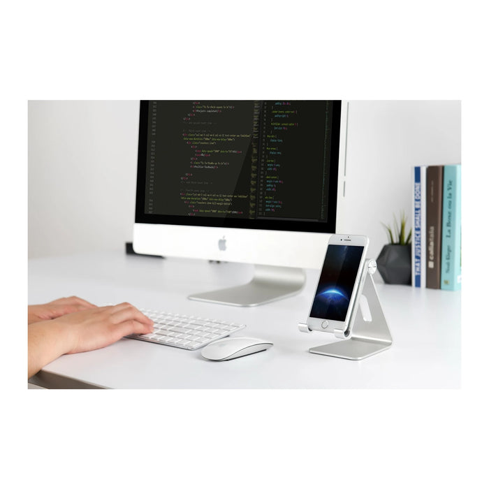 Adjustable tablet stand with 260° rotation, stable aluminum base, ergonomic design, fits up to 13-inch devices - TaMiMi Projects, Qatar.