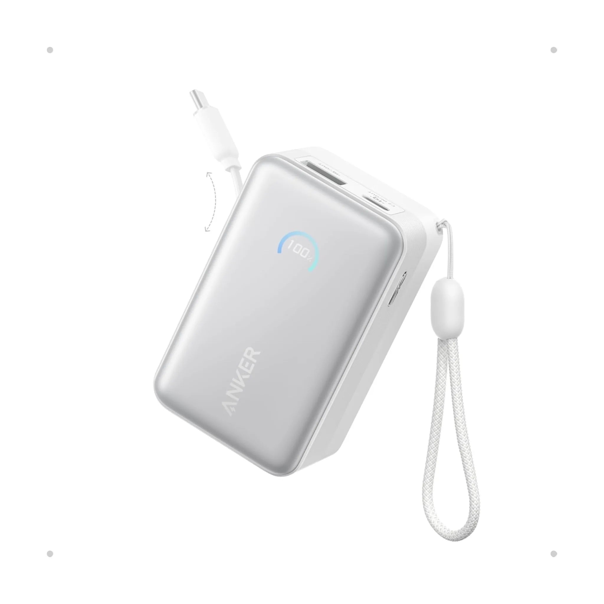 ‫شاحن انكر ١٠ الف وقوة ٤٥ واط - سلك USB-C مدمج - أبيض