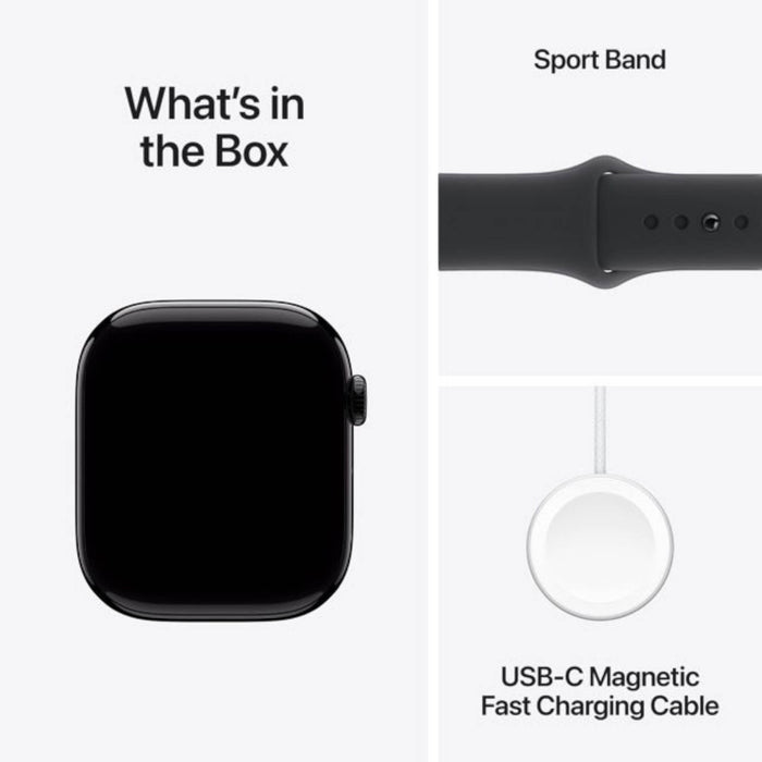 Apple Watch Series 10 GPS 42mm Jet Black Aluminium Case with Black Sport Band. Available at TaMiMi Projects in Qatar.
