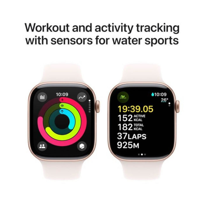 Apple Watch S10, GPS, 42mm, Rose Gold Aluminium Case with Light Blush Sport Band (S/M). Available in Qatar at TaMiMi Projects.