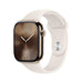 Apple Watch Series 10 GPS + Cellular 42mm with Gold Titanium Case and Starlight Sport Band, available at TaMiMi Projects Qatar.