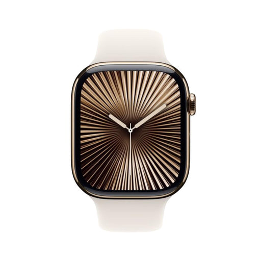 Apple Watch Series 10 GPS + Cellular 42mm with Gold Titanium Case and Starlight Sport Band, available at TaMiMi Projects Qatar.