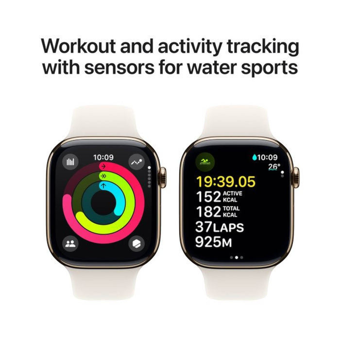 Apple Watch Series 10 GPS + Cellular 42mm with Gold Titanium Case and Starlight Sport Band, available at TaMiMi Projects Qatar.