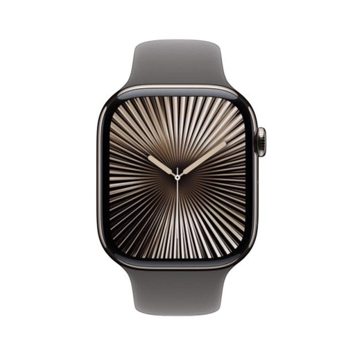 Apple Watch Series 10 GPS + Cellular with Natural Titanium Case and Stone Grey Sport Band, available at TaMiMi Projects Qatar