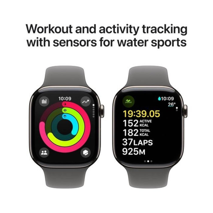 Apple Watch Series 10 GPS + Cellular 42mm with Natural Titanium Case and Stone Grey Sport Band, available at TaMiMi Projects Qatar.