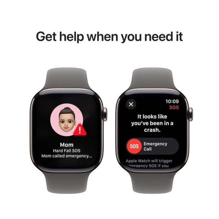 Apple Watch Series 10 GPS + Cellular 42mm with Natural Titanium Case and Stone Grey Sport Band, available at TaMiMi Projects Qatar.