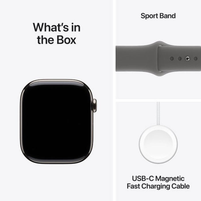 Apple Watch Series 10 GPS + Cellular 46mm with Natural Titanium Case and Stone Grey Sport Band, available at TaMiMi Projects Qatar