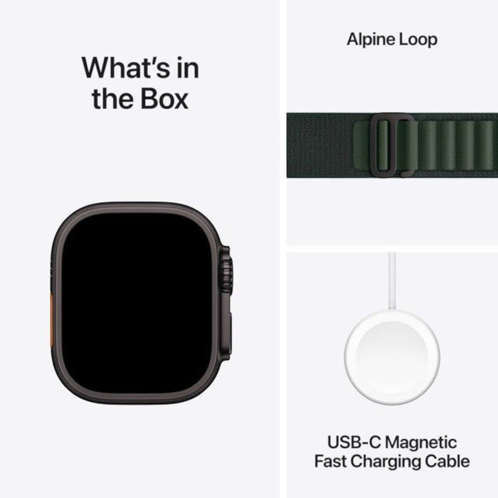 Apple Watch Ultra 2 49mm Black Titanium with Dark Green Alpine Loop (Medium), GPS + Cellular. Available at TaMiMi Projects in Qatar.