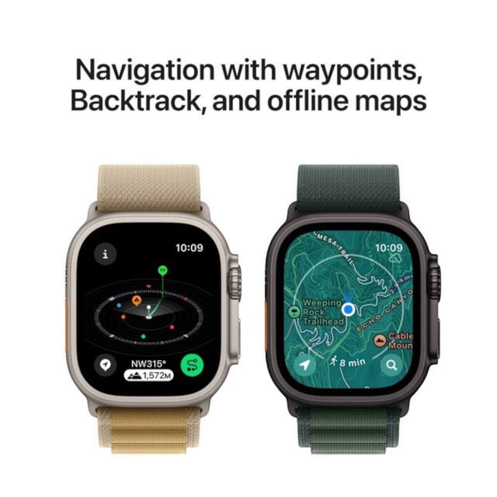 Apple Watch Ultra 2, GPS + Cellular, 49mm, Natural Titanium Case with Tan Alpine Loop (Large). Available in Qatar at TaMiMi Projects.