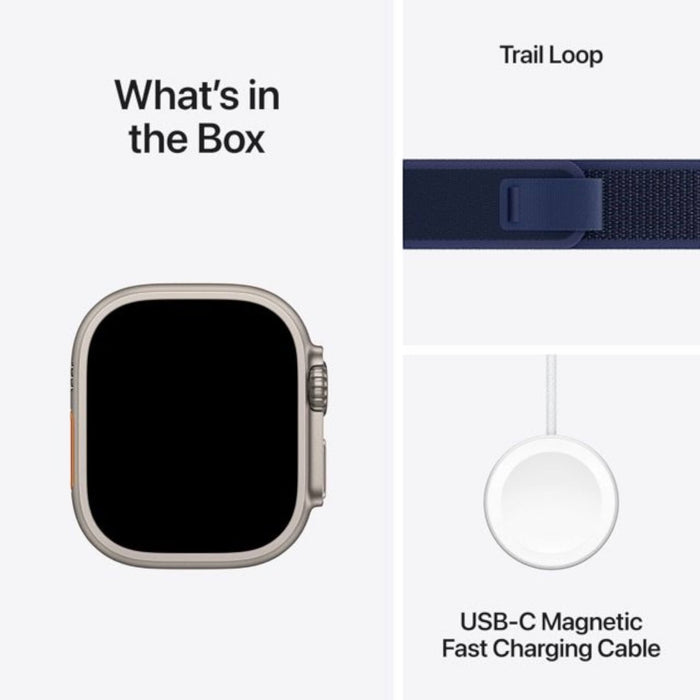 Apple Watch Ultra 2 GPS + Cellular 49mm Natural Titanium with Blue Trail Loop M/L. Available at TaMiMi Projects in Qatar.