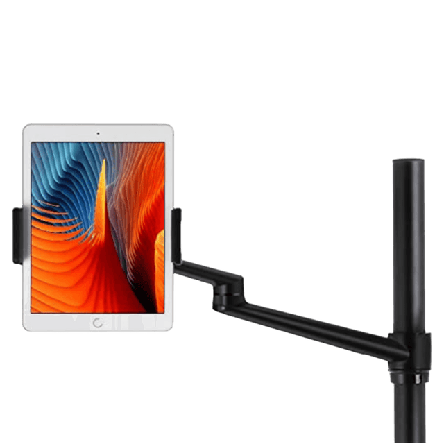 Adjustable monitor or tablet arm mount with a sleek design, capable of securely holding devices in various positions. Ideal for office setups, providing flexibility and convenience for viewing screens.