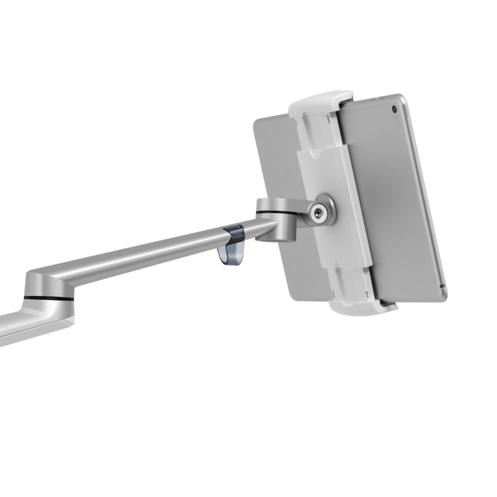 Adjustable monitor or tablet arm mount with a sleek design, capable of securely holding devices in various positions. Ideal for office setups, providing flexibility and convenience for viewing screens.
