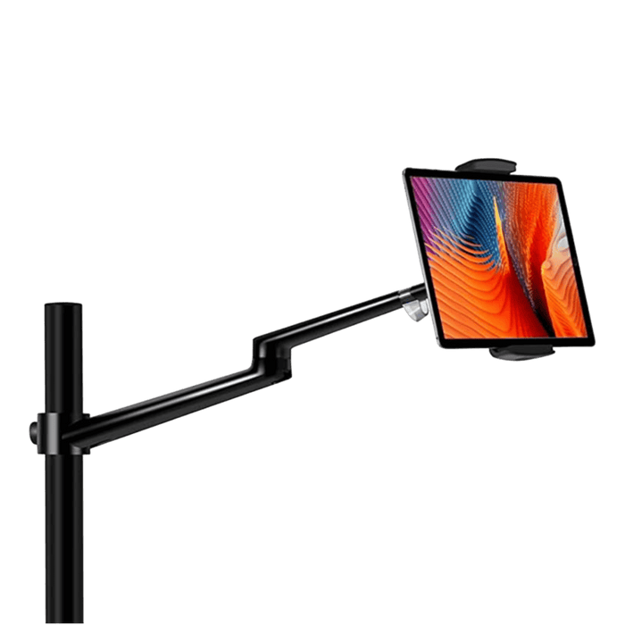Adjustable monitor or tablet arm mount with a sleek design, capable of securely holding devices in various positions. Ideal for office setups, providing flexibility and convenience for viewing screens.
