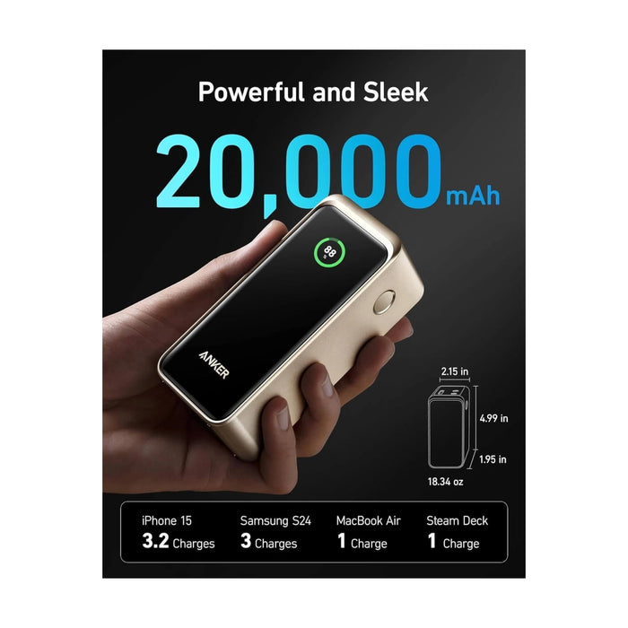 Anker Prime 20,000mAh Power Bank with 200W total output, dual USB-C ports, smart digital display, & compact design for travel.