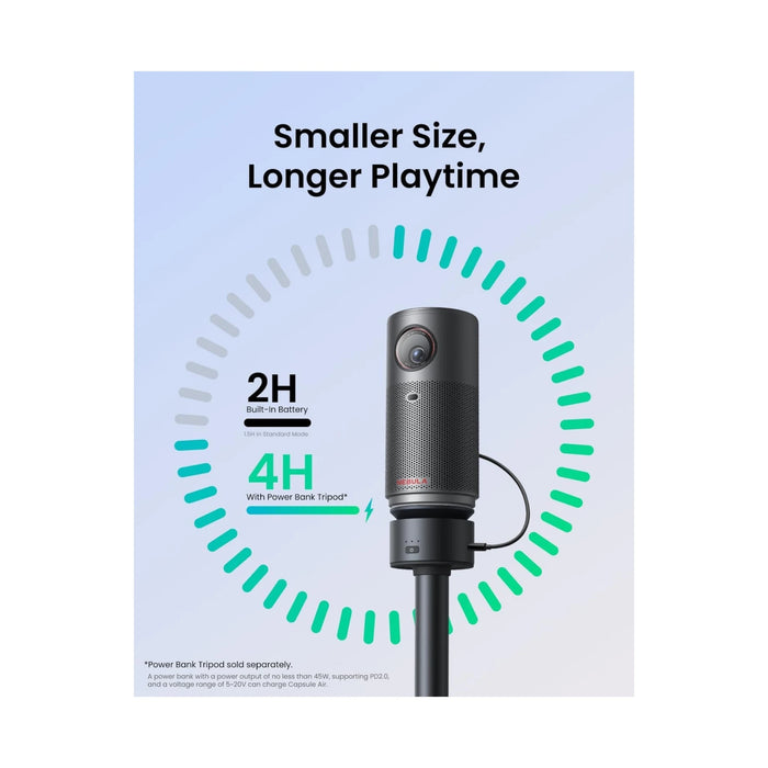 NEBULA Capsule Air Google TV Projector, Up to 2 Hours of Built-In Playtime, Available now from TaMiMi Projects in Qatar.