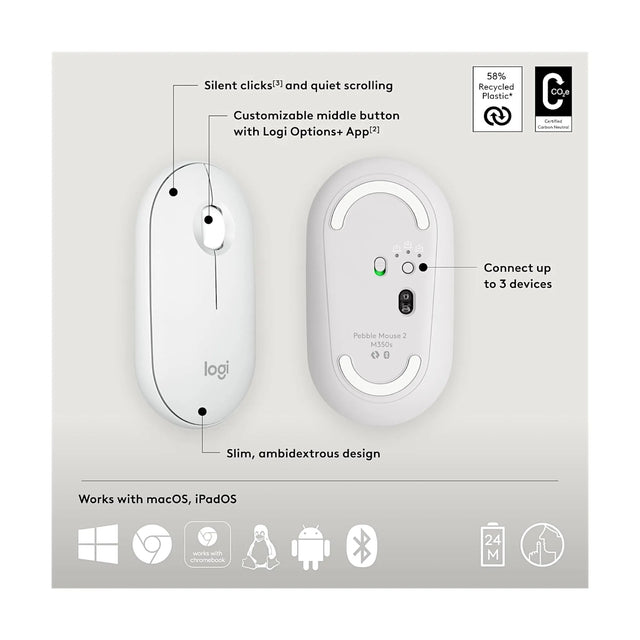 ‫احصل على ماوس لوجيتيك Pebble Mouse 2 M350s من تميمي بروجكتس فى قطر.تصميم نحيف، اتصال Bluetooth لثلاثة أجهزة ونقر هادئ.