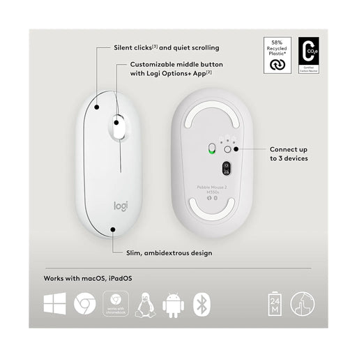 ‫احصل على ماوس لوجيتيك Pebble Mouse 2 M350s من تميمي بروجكتس فى قطر.تصميم نحيف، اتصال Bluetooth لثلاثة أجهزة ونقر هادئ.