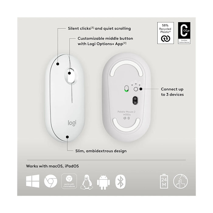 ‫احصل على ماوس لوجيتيك Pebble Mouse 2 M350s من تميمي بروجكتس فى قطر.تصميم نحيف، اتصال Bluetooth لثلاثة أجهزة ونقر هادئ.