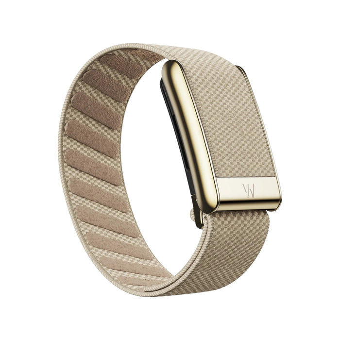 Whoop 5 SuperKnit Luxe Band Dune premium knit strap with gold clasp from TaMiMi Projects in Qatar.