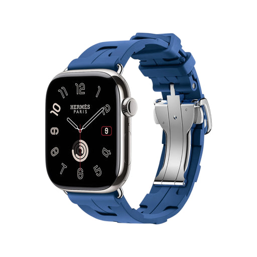 Apple Watch Hermès Series 11, 46mm Silver Titanium with Bleu de France Kilim Single Tour, from TaMiMi Projects in Qatar.