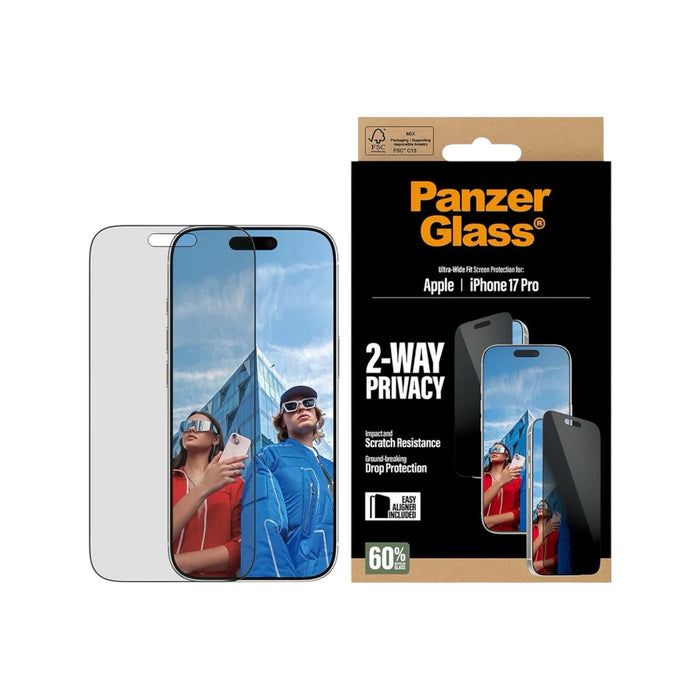 PanzerGlass Privacy Screen Protector for iPhone 17 Pro, 60% recycled glass, scratch-resistant, at TaMiMi Projects Qatar.