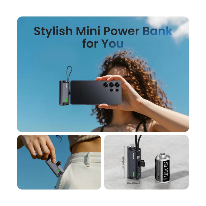 SHARGE Flow Mini Portable Charger 5000mAh with Built-in Cable - Black, Available now from TaMiMi Projects in Qatar.