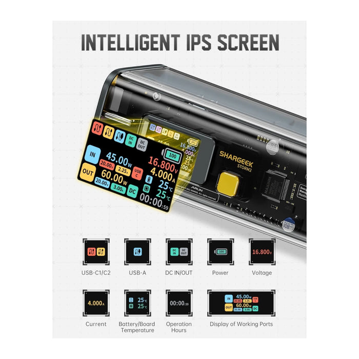 ‫احصل على شاحن SHARGE Storm 2 من تميمي بروجكتس في قطر. بطارية 25600mAh، شاشة ذكية، تصميم شفاف وشحن سريع 100W. 