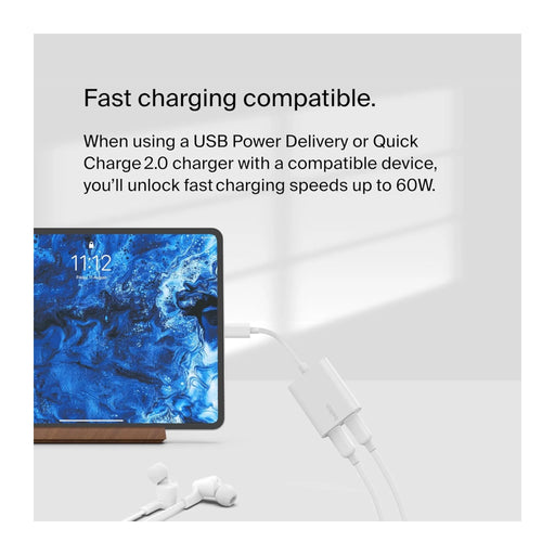 Belkin USB-C Audio + Charge Adapter, Supports up to 60W Power Delivery fast charging. TaMiMi Projects Qatar.
