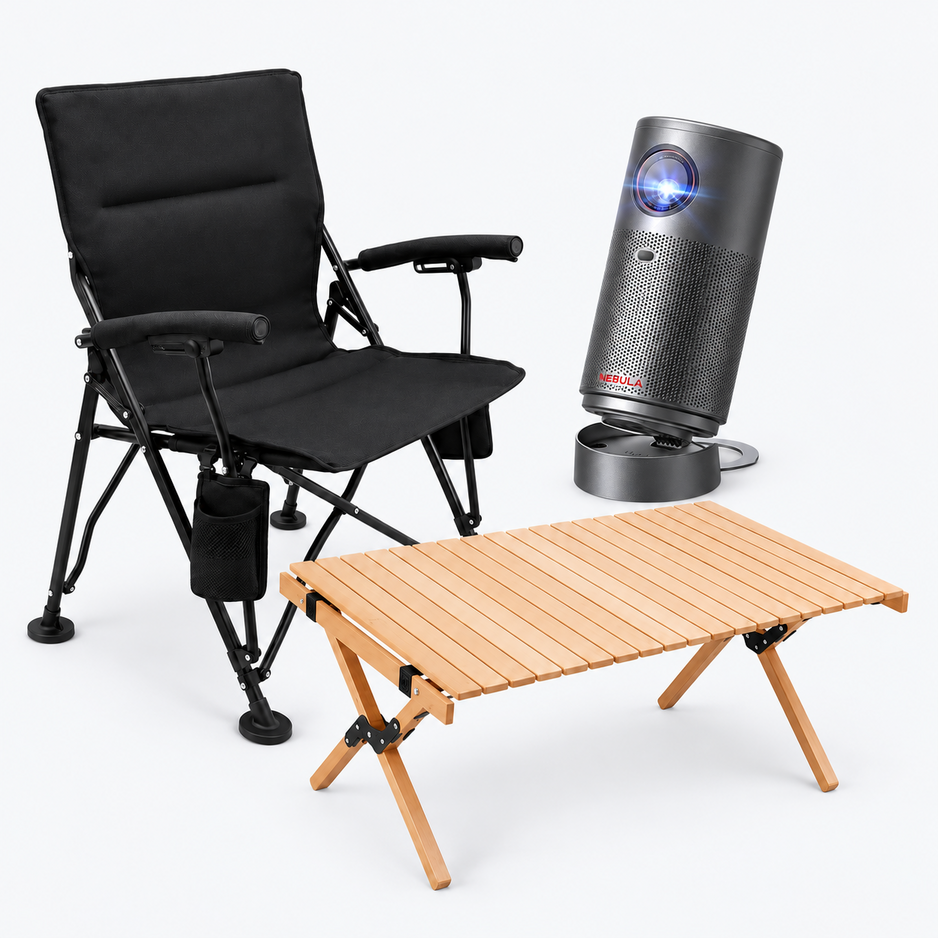 Camping essentials: folding chair, wooden table and Nebula projector