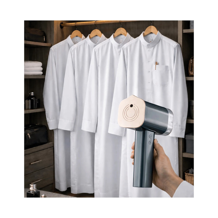 Black cordless portable steam device with lint remover and 5200mAh battery by TaMiMi Projects in Qatar