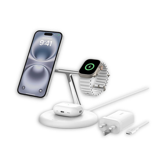 Belkin 3-in-1 Wireless Charging Stand with MagSafe & Qi2, fast charging for AirPods & Apple Watch, at TaMiMi Projects in Qatar.