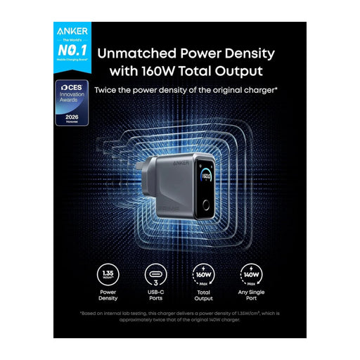 Anker Prime 160W 3-Port USB-C Charger, Features 3 USB-C ports for charging multiple devices simultaneously.