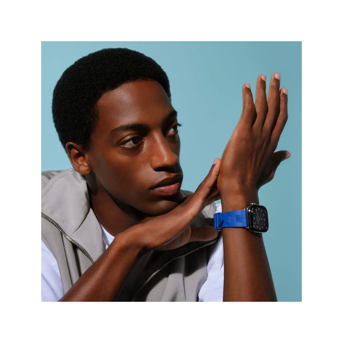 Apple Watch Hermès Series 11, 46mm Silver Titanium with Bleu de France Kilim Single Tour, from TaMiMi Projects in Qatar.