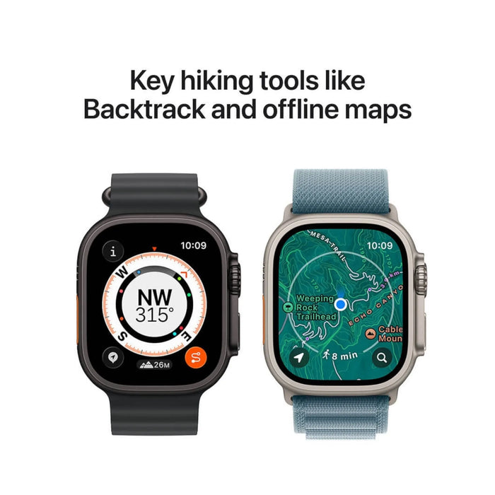 Apple Watch Ultra 3 GPS + Cellular, 49mm Natural Case with Blue/Bright Blue Trail Loop, Available from TaMiMi Projects in Qatar.