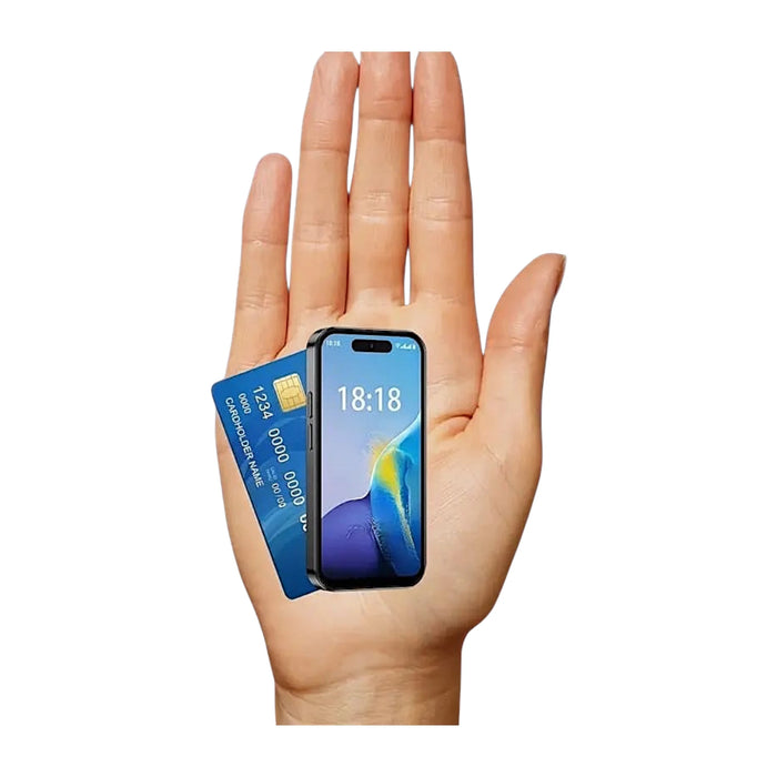 Mini Phone - i 17 Pro, compact like a bank card, Supports two SIM cards for work and personal use, at TaMiMi Projects in Qatar.