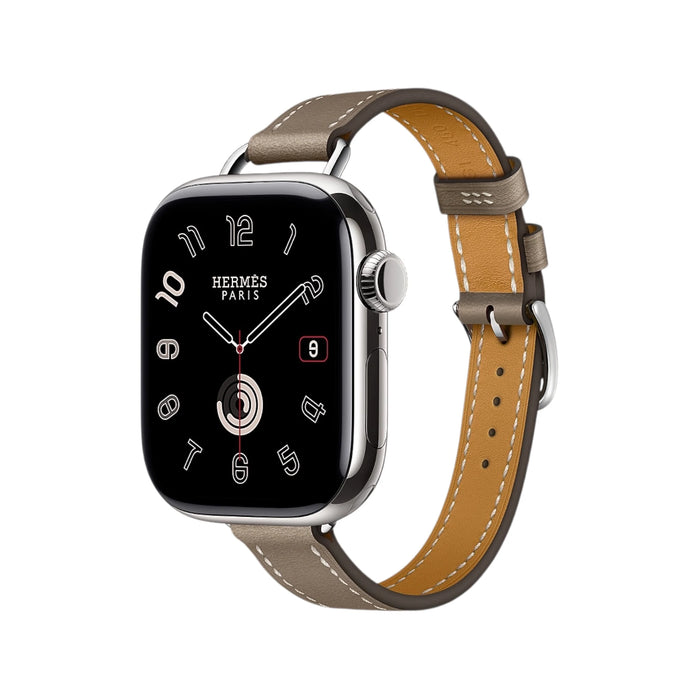 Apple Watch Hermès Series 11, 42mm Silver Titanium with Attelage Etoupe Single Tour, at TaMiMi Projects in Qatar.