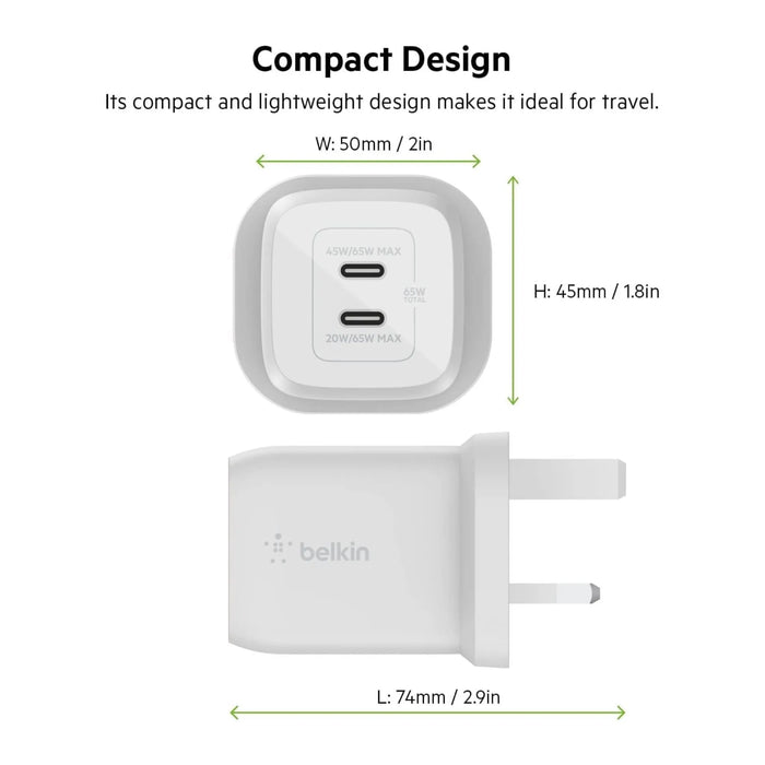 ‫شاحن بيلكن ذو مخرجين ٦٥ واط مع كيبل من تميمي بروجكتس في قطر. شحن سريع وكيبل مرفق، تصميم صغير مناسب للسفر والاستخدام اليومي.