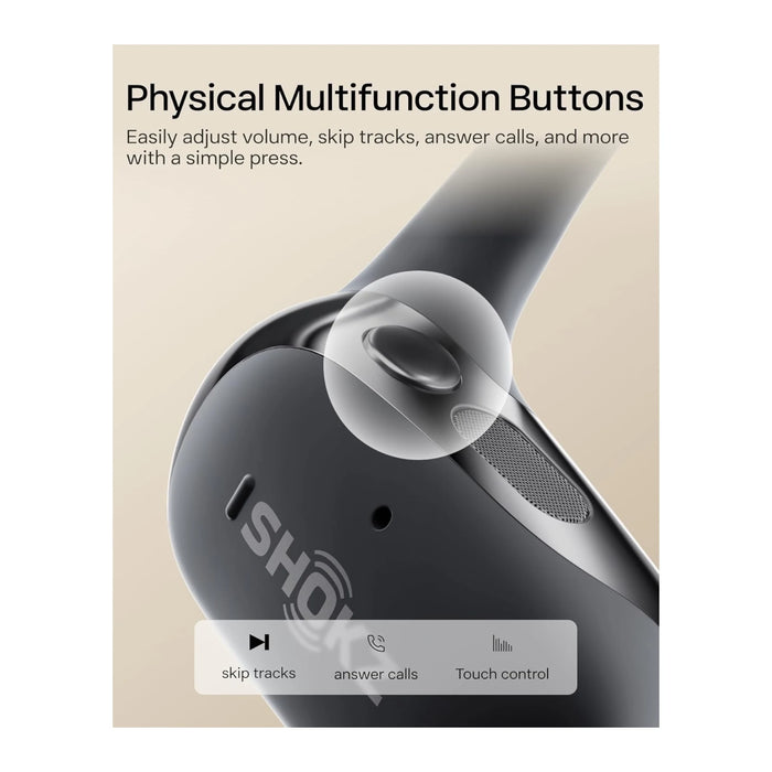 ‫احصل علي سماعة شوكز OpenFit 2 لدي تميمي بروجكتس في قطر. استمتع بصوت نقي وراحة طوال اليوم، مقاومة للماء، بطارية ٤٨ ساعة. 