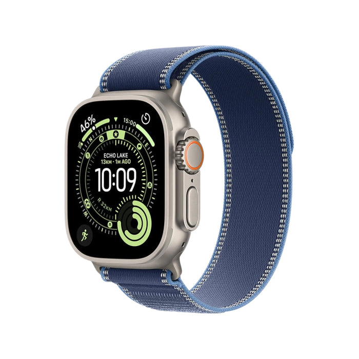 Apple Watch Ultra 3 GPS + Cellular, 49mm Natural Case with Blue/Bright Blue Trail Loop, Available from TaMiMi Projects in Qatar.